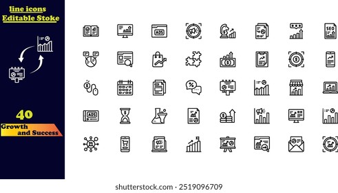 Ícone de traçado editável definido para crescimento e sucesso, apresentando ícones empresariais de linha fina modernos em estilo de ilustração vetorial.