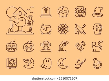 Editable stroke icon set with a Halloween theme, perfect for spooky projects and seasonal designs. These customizable icons feature haunted houses, pumpkins, ghosts, and more.