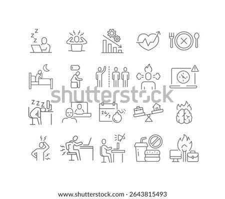 Editable Stroke Icon Set Illustrating Remote Worker Fatigue, Burnout, Sleep Problems, Mental Stress, Low Energy, and Health Decline in Work from Home Situations
