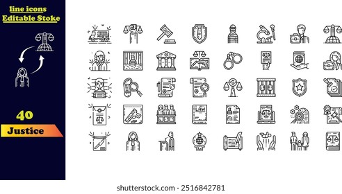 Ícone de traço editável definido para a justiça, apresentando ícones relacionados a lei, tribunais, assuntos jurídicos, advogados, pastas, julgamentos, autoridade, criminosos e prisões.