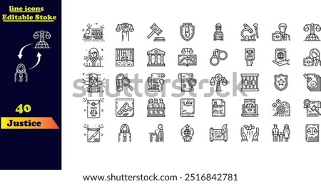 Editable stroke icon set for justice, featuring icons related to law, courts, legal matters, lawyers, briefcases, judgments, authority, criminals, and prisons.