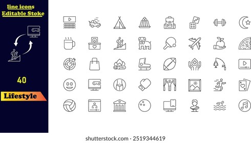 Editable stroke icon set for lifestyle, featuring icons for exercise, diet, running, yoga, habits, self-care, sleep, fitness, culture, and relationships.