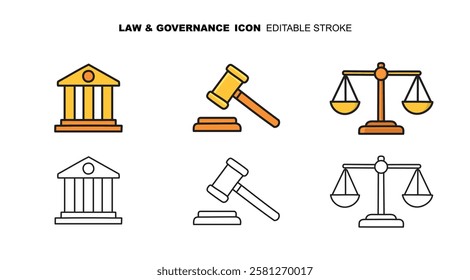 Editable stroke icon set of minimalist line art featuring a courthouse, law hammer, and justice scales, for reports, presentations, websites, and infographics on law, governance, and legal affairs.