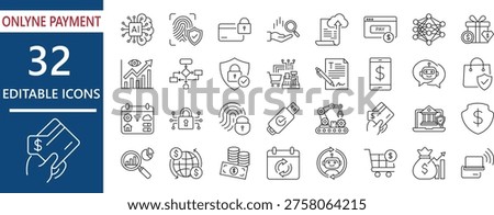 Editable stroke icon set for online payment , check, transaction,  crypto, mobile, payments, biometric, technology, blockchain, fintech, ai automated commerce, and smart banking apps.