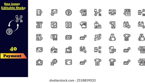 Editable stroke icon set for payments, featuring a collection of business and finance icons including money, banking, credit cards, and currency exchange.