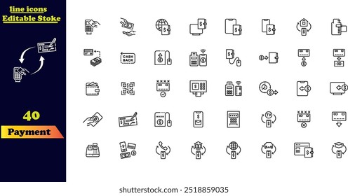 Editable stroke icon set for payments, featuring a collection of business and finance icons including money, banking, credit cards, and currency exchange.