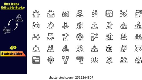 Editable Stroke Icon Set for Stakeholders. This collection features icons representing various stakeholders such as businesses, teamwork, trade unions, suppliers, managers, leaders, government, 