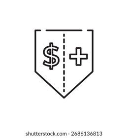 Ícone de traço editável do escudo dividido com sinais de dólar e mais, simbolizando saúde financeira, benefícios ou auxílio seguro. Ideal para design de UX de interface de usuário fintech, de seguro, bancário ou econômico.