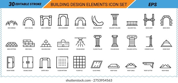 Editable stroke icons for building design architecture construction elements like arches doors and windows