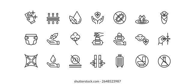 Editable stroke icons showing wet wipes features: antibacterial, moisturizing, baby-safe, fragrance-free, portable, eco-friendly, no chemicals, easy to use and gentle on skin.