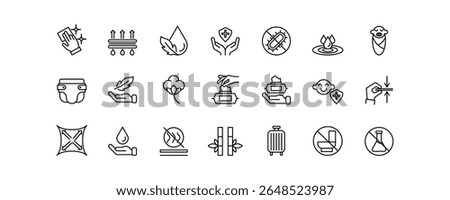 Editable stroke icons showing wet wipes features: antibacterial, moisturizing, baby-safe, fragrance-free, portable, eco-friendly, no chemicals, easy to use and gentle on skin.