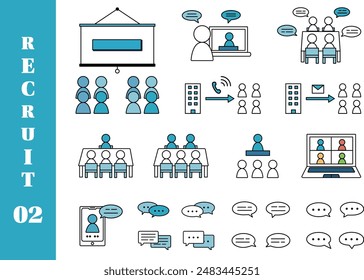 Editable stroke icons.
Vector illustration about job hunting and job change.
human resources.
Icons where people are talking.