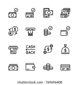 Editable stroke icons. Vector set of money and financial elements line Icons. Contains such Icons as Wallet, ATM, Bundle of Money, Coins, Confirming payment, Sack and more. 48x48 Pixel Perfect.