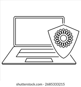 Ilustración de trazo editable: portátil seguro con protección contra virus: ciberseguridad, protección de datos, dispositivo seguro, seguridad en línea, concepto de antivirus para Sitios web, App y marketing digital