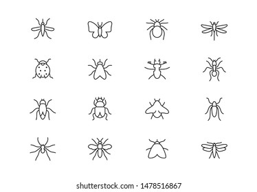 Editable stroke. Insects thin line vector icon set