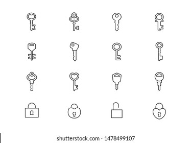 Editable stroke. Keys thin line vector icon set