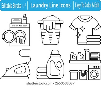 Editable stroke laundry icon set featuring washer, detergent, clothes, basket, ironing, and shelves. Easy to color and customize for home, cleaning, and hygiene themes.