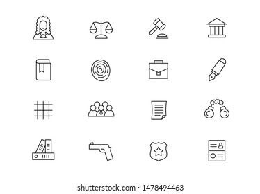 Editable stroke. Law thin line vector icon set