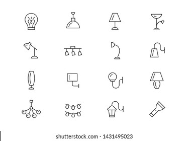 Editable stroke. Lighting thin line vector icon set. Different kinds of interior light equipment. Lamps, flashlights, lanterns