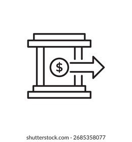 Ícone editável de linha de traçado de um banco com uma moeda e seta em dólar, simbolizando transferência financeira, operações bancárias ou fluxo de dinheiro. Ideal para aplicativos, sites e infográficos sobre poupança ou empréstimos.