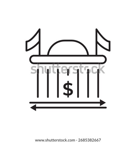 Editable stroke line icon of a bank with a dome, dollar sign, and arrows, symbolizing financial exchange, banking stability, or economic flow. Ideal for apps, websites, and infographics.