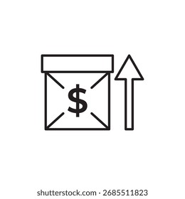 Editable stroke line icon of a box with a dollar sign and upward arrow, symbolizing financial growth, e-commerce sales, or profit increase. Ideal for apps, websites, and infographics on trade economy.