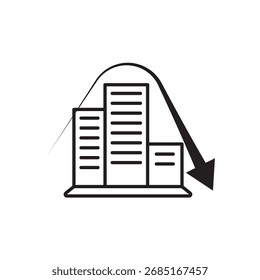 Editable stroke line icon of city buildings with a downward arrow, symbolizing economic decline, real estate downturn, or financial recession. Ideal for apps, websites, and infographics.