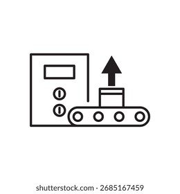 Editable stroke line icon of a conveyor belt with an upward arrow and control panel, symbolizing production increase, manufacturing growth, or efficiency gains. Perfect for apps and websites.