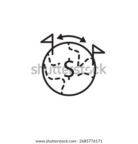 Editable stroke line icon of a globe with a dollar sign and arrows, symbolizing global finance flow, international trade, or currency exchange. Ideal for apps, websites, and infographics on economy.
