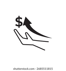 Ícone editável de linha de traçado de uma mão com um sinal de dólar e seta para cima, simbolizando o crescimento financeiro, ganhos monetários ou retornos de investimento. Ideal para aplicativos, sites e infográficos sobre finanças.