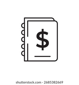 Ícone de linha de traçado editável de um razão com um cifrão, simbolizando registros financeiros, livros contábeis ou controle de orçamento. Ideal para aplicativos, sites e infográficos sobre finanças ou economia.