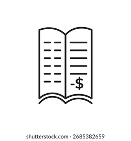 Icono de línea de trazo editable de un libro abierto con un signo negativo de dólar, que simboliza la pérdida financiera, los déficits contables o los recortes presupuestarios. Ideal para App, Sitios web e infografías sobre finanzas o economía.