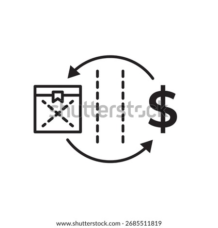 Editable stroke line icon of a package and dollar sign with circular arrows, symbolizing e-commerce cycle, financial exchange, or trade flow. Ideal for apps, websites, and infographics on shipping,