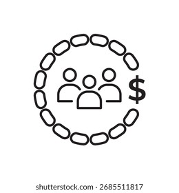 Ícone editável de linha de traço de pessoas em uma cadeia circular com um símbolo de dólar, simbolizando dívida pública, financiamento de trabalho em equipe, investimento em grupo ou riqueza da comunidade. Ideal para aplicativos, sites e infográficos.