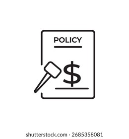 Editable stroke line icon of a policy document with a gavel and dollar sign, symbolizing financial regulations, legal finance, or insurance policies. Ideal for apps, websites, and infographics.