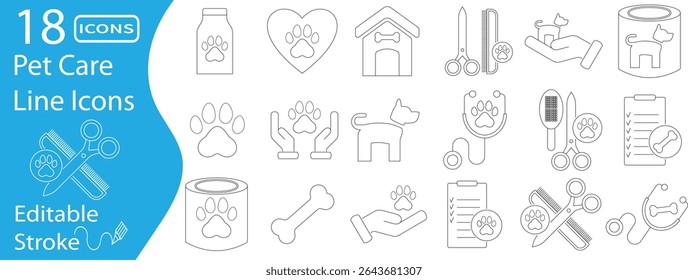 Editable stroke line icon set for pet care, including dogs, cats, grooming tools, vet equipment, adoption symbols, and paw-themed medical or hygiene items.