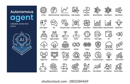 Editable, stroke, line, icon, set, for, autonomous, agent, artificial, intelligence, machine, learning, neural, networks, data, analysis, and, cloud, computing, technology.