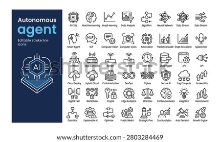Editable, stroke, line, icon, set, for, autonomous, agent, artificial, intelligence, machine, learning, neural, networks, data, analysis, and, cloud, computing, technology.