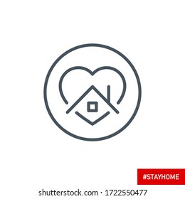 editable stroke line icon of Stay home for Social media in support of self isolation. staying at home Prevent coronavirus spread. Covid19 perfect outline single icon hashtag stayhome Isolated on white