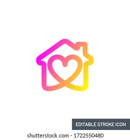 editable stroke line icon of Stay home for Social media in support of self isolation. staying at home Prevent coronavirus spread. Covid19 perfect outline single icon hashtag stayhome Isolated on white