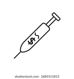 Editable stroke line icon of a syringe with a dollar sign, symbolizing financial injection, economic stimulus, or investment boost. Ideal for apps, websites, and infographics on finance or economy.