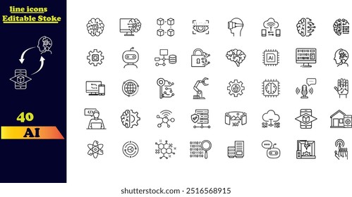 Ícones editáveis de linha de traçado para IA, com um conjunto de ícones finos que inclui aprendizagem automática, cérebro, IA, cabeça, máquina, tecnologia, bate-papo de IA e muito mais.