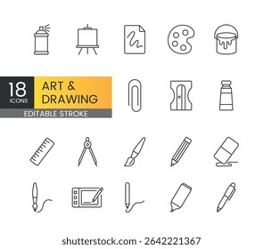 Editable stroke line icons of art and drawing tools including pencil, eraser, paint palette, ruler, stylus, and brush ideal for educational materials, creative projects, and design software UI