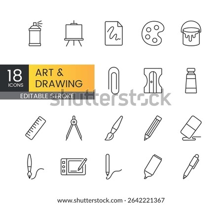 Editable stroke line icons of art and drawing tools including pencil, eraser, paint palette, ruler, stylus, and brush ideal for educational materials, creative projects, and design software UI