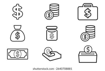 Editable stroke line icons of bank, payment, money and finance set isolated on white background flat vector illustration