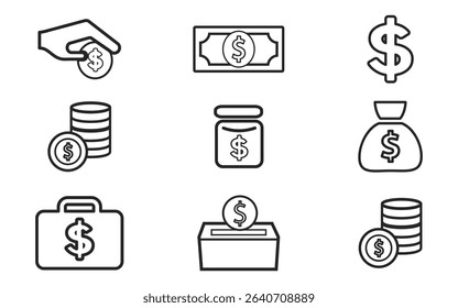Editable stroke line icons of bank, payment, money and finance set isolated on white background flat vector illustration