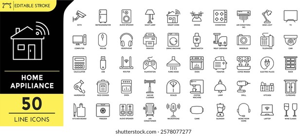 editable stroke line icons featuring various home appliances, including kitchen, cleaning, and entertainment devices. Ideal for web, app design, and household-related projects. Vector Illustration.