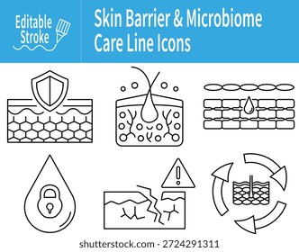 Editable stroke line icons illustrating skin barrier repair and microbiome balance concepts, including hydration lock, ceramide layers, damage warning, and recovery cycle for dermatology UI.