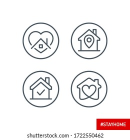 editable stroke line icons set of Stay home for Social media in support of self isolation. staying at home Prevent coronavirus spread. Covid19 perfect outline icon hashtag stayhome Isolated on white