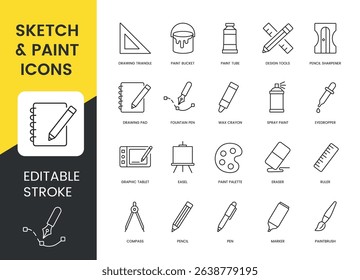 Editable stroke line icons set of sketching and painting tools including pencil, marker, paint tube, palette, stylus and tablet for design projects, education and creative use